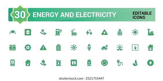 Conjunto de iconos de energía y electricidad. Colección de iconos sólidos. Glifo para Web y ui. Paquete de iconos lleno. Icono de energía sólida Paquete. Ilustración vectorial.