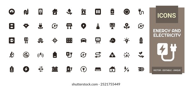 Conjunto de iconos de energía y electricidad. Colección de iconos sólidos. Glifo para Web y ui. Paquete de iconos lleno. Icono de energía sólida Paquete. Ilustración vectorial.