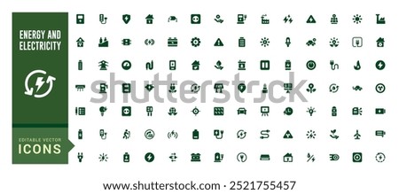 Energy and electricity icon set. Solid icon collection. Glyph for web and ui. Filled icon pack. Solid Energy icon bundle. Vector illustration.