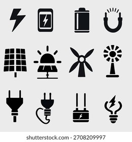 energy and electricity icons set vector illustration, modern energy and electricity icons design for technology graphics, clean energy and electricity icons artwork for industry, power, and engineerin