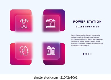 Energy And Electricity Line Icon Set. Power Plant Flat Line Icons Set. Energy Generation Station. Alternative Renewable Energy Sources Included Solar, Wind, Hydro, Tidal, Geothermal And Biomass.