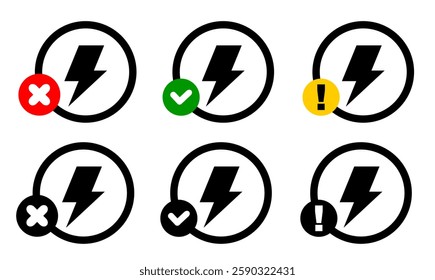 Energy, electricity, power icon black silhouette. Flash bolt sign in the circle with various sign. Vector ilustration