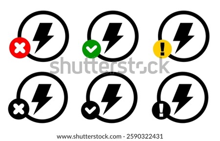 Energy, electricity, power icon black silhouette. Flash bolt sign in the circle with various sign. Vector ilustration