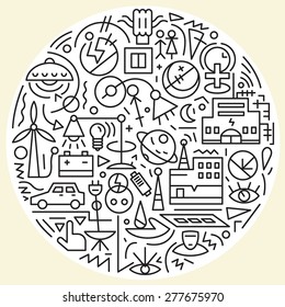 Energy, electricity, science - thin line icons set in circle shape , vector background