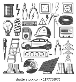 Energy and electricity sources icons. Vector power plant, lamp lightbulb or electro car and solar battery or windmill with electric reel and electrician tools of multimeter, socket and fuse