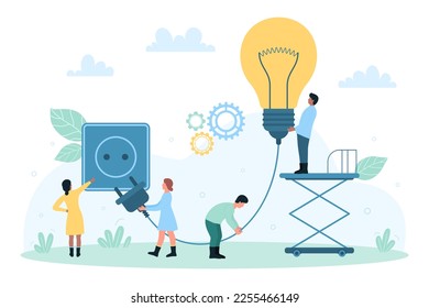 Energy, electricity supply and maintenance support service vector illustration. Cartoon tiny people holding plug by cord to connect with socket, electric power and innovation for light bulb connection