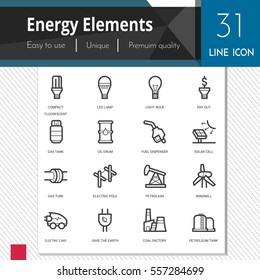 Energy elements vector icons set on white background.  Premium quality outline 
symbol collection. Stroke vector logo concept, web graphics.