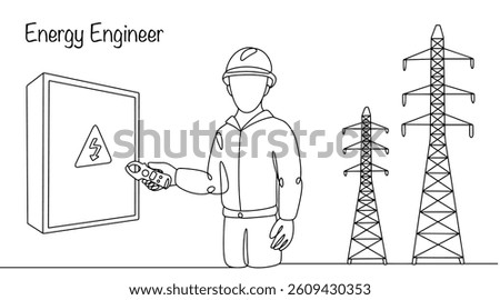 An energy engineer holds a current meter in his hands. He stands near an electrical panel and a high-voltage line. He is responsible for the rational use of energy and monitoring consumption.