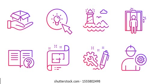 Energy, Engineering and Lighthouse line icons set. Hold box, Help and Elevator signs. Architectural plan, Engineer symbols. Turn on the light, Construction. Industrial set. Vector