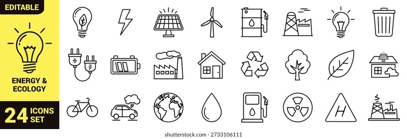 Conjunto de iconos de energía y medio ambiente con panel solar, turbina eólica, reciclaje, automóvil eléctrico, contaminación, vivienda ecológica y símbolos de sostenibilidad
