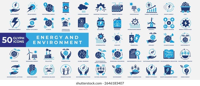 Energy and Environment icons collection set. Containing environment, efficiency, green, solar energy, geothermal, carbon emission, renewable and sustainable energy. Simple Flat Vector.