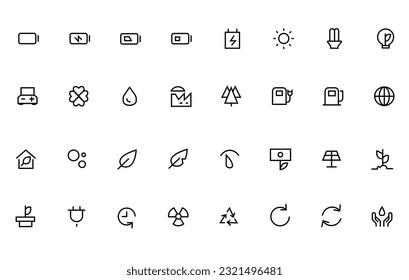 Energy and environment Icons - Vector Line Series. Ecology and energy line art icon set, nature and environment. Conservation, natural recycling power. Vector ecology and energy line art illustration