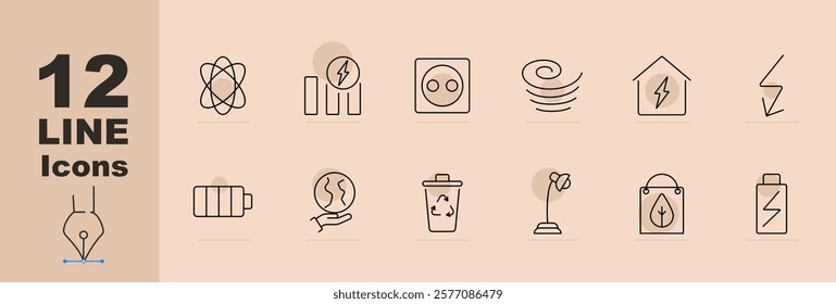 Energy and environment set icon Atom, energy bars, outlet, vortex, powered house, lightning, battery, globe, recycling bin, lamp, eco bag, electric battery. Energy, eco, sustainability