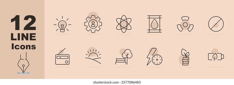 Energy and environment set icon Lightbulb, user gear, atom, oil drop, wind turbine, prohibition, radio, sunrise, tree, lightning, eco growth, energy storage. Energy, eco, technology