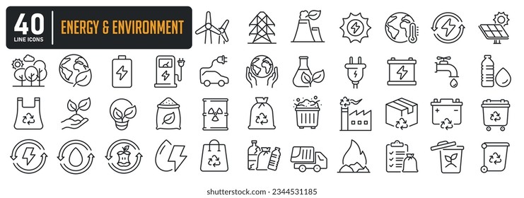 Iconos de línea delgada de energía y medio ambiente. Para diseño de marketing de sitios web, logotipo, aplicación, plantilla, ui, etc. Ilustración vectorial.