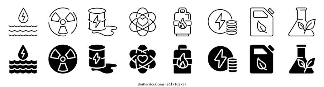 Energy and environmental pollution icon set. Linear and silhouette style.