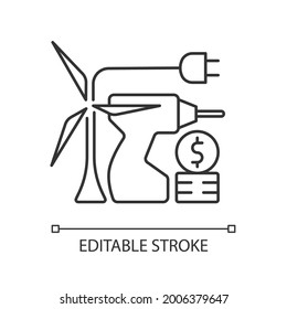 Energy equipment installation price linear icon. Industrial production. Energy purchase. Thin line customizable illustration. Contour symbol. Vector isolated outline drawing. Editable stroke