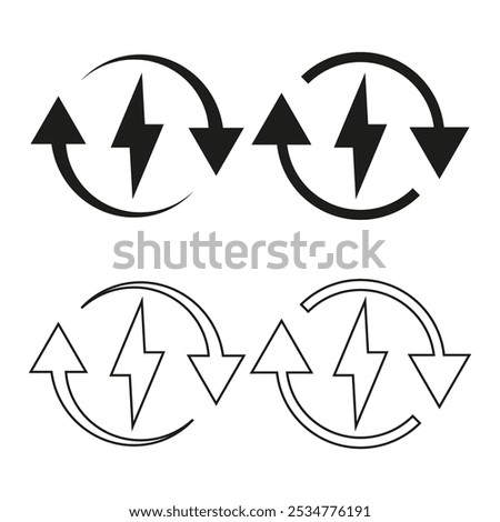 Energy exchange icons. Arrows and lightning symbol. Power transfer vector. Circular motion design.
