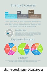 Energy expenses statistics vector illustration isolated on grey backdrop, circles color graphs, lot of percents, white power socket and blue plug