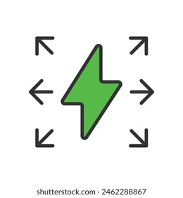 Energy export, in line design, green. Energy, export, power, electricity, renewable, grid, network on white background vector. Energy export editable stroke icon.