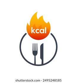 Energy fat burn kcal fire icon. Kilocalorie hot logo vector weight knife fork fitness flame graphic icon