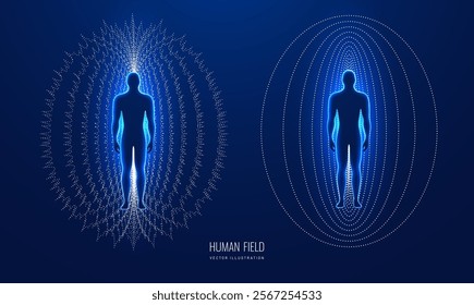 energy field human, aura body, glowing light effect from man, silhouette human on dark blue background, bubble shield for protection