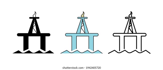 Energy Field Icon Design In The Sea. Set Of Silhouette, Colorful And Linear Drilling Field Icon. Oil Field Icon Line Vector Illustration Isolated On A Clean Background For Your Web Mobile Application.