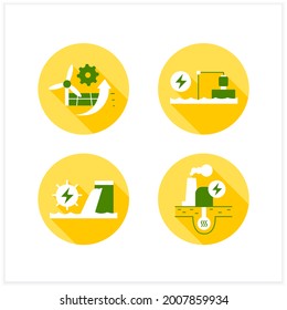Fijación de iconos llanos de energía. P2X, almacenamiento por bombeo, centrales hidroeléctricas y geotérmicas. Concepto de generación de electricidad. Ilustración del vector