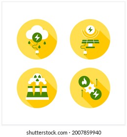 Energy flat icons set. Thunderstorm, solar, wind energy. Fusion reactor, thermoelectric generator. Electricity generation concept. Vector illustrations