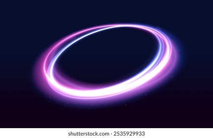 Energy flow tunnel. Blue portal, platform. Brilliant galaxy light blue ellipse glowing podium. Abstract bright neon loop with transparency. Night road speed illustration.	