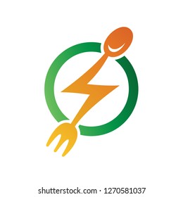 Energy food logo, Spoon and fork with variation thunder, Fast food logo