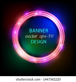 Energy frame. Shining circle banner. Neon fantastic circle.