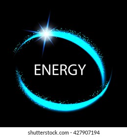 Energy frame. Shining circle banner. Magic light neon energy circle. Glitter sparkle swirl trail effect on black background. Blue color version. Easy to use.