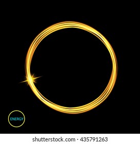 Energy frame. Shining circle banner. Magic light gold energy circle. Glowing fire ring trace. Glitter sparkle swirl trail effect on black background.  Easy to use.