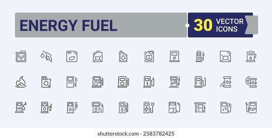 Energy Fuel collection. Icons transportation, barrel, oil, gas, station, tank, engine and more. Icons for design. Editable stroke. Vector illustration.