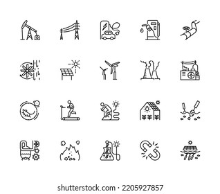 Energy and fuel icon set, symbol design with simple black lines.