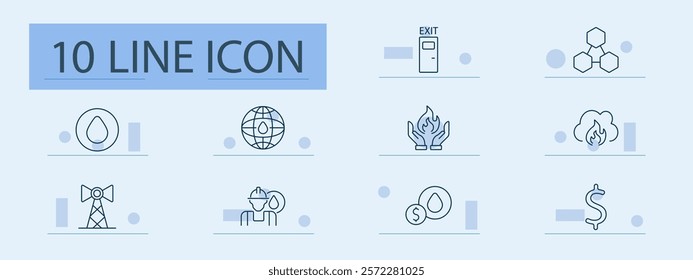 Energy and fuel set icon. Drop, globe, exit door, molecule, flame in hands, smoke, oil rig, worker, cost, dollar.