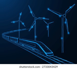 The energy of the future movement. A high-speed train with wind turbines along the track. The concept of environmentally friendly technologies and the future of smart infrastructure.