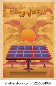 Energy of future, solar panels vector vintage illustration. Retro poster style