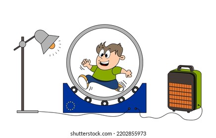 Energy and gas saving in Europe. Saving energy for a Safe Winter theme cartoon. Energy-related joke. Young man generates electricity from running