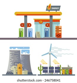 Energy and Gas Station. Urban and village landscape. Ecology. Vector flat illustration