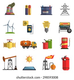 Energy generating and storing systems with high power sustainable batteries flat icons set abstract isolated vector illustration