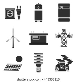 Energy generating and storing systems with high power sustainable batteries. Icons set abstract isolated vector illustration