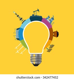 Energy generation concept. Bulb and diagram with power plants.