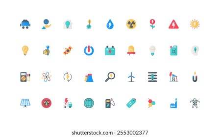 Energy generation with different type of resources color icon set. Oil and gas production, coal industry and battery, factory, sustainable station with generators flat elements vector illustration