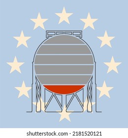 Energy generation and heavy industry. Liquified gas storage tank with loading bar scale and flag of European Union