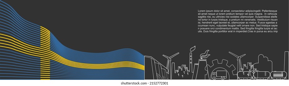 Energieerzeugung und Schwerindustrie in Schweden. Broschüren Vorlage Design. Die Nationalflagge geschwungen. Thin-Line-Stil