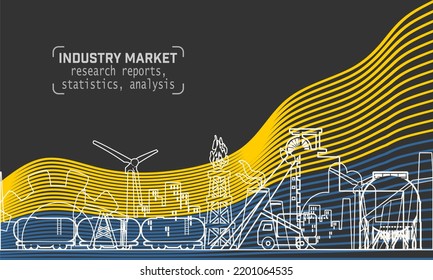 Energy generation and heavy industry of Ukraine. Brochure template design. Waved national flag. Thin lines style