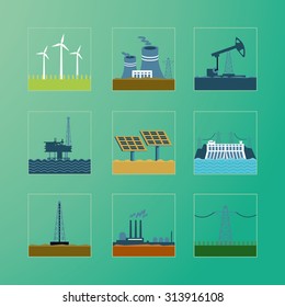 Energy generation. Icons set of a power generation station.