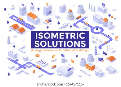 Energy Generation and Industrial Buildings - factory, power plant, warehouse, cooling tower. Set of isometric design elements or objects isolated on white background. Modern vector illustration.